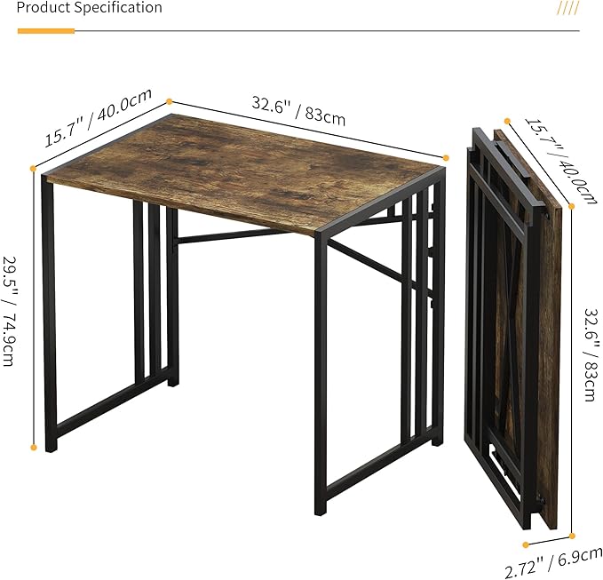 32 inch Small Folding Computer Desk, Writing Gaming Computer Desk for Small Spaces, No Assembly Required Home Office Desk, Rustic Brown-NeatNest