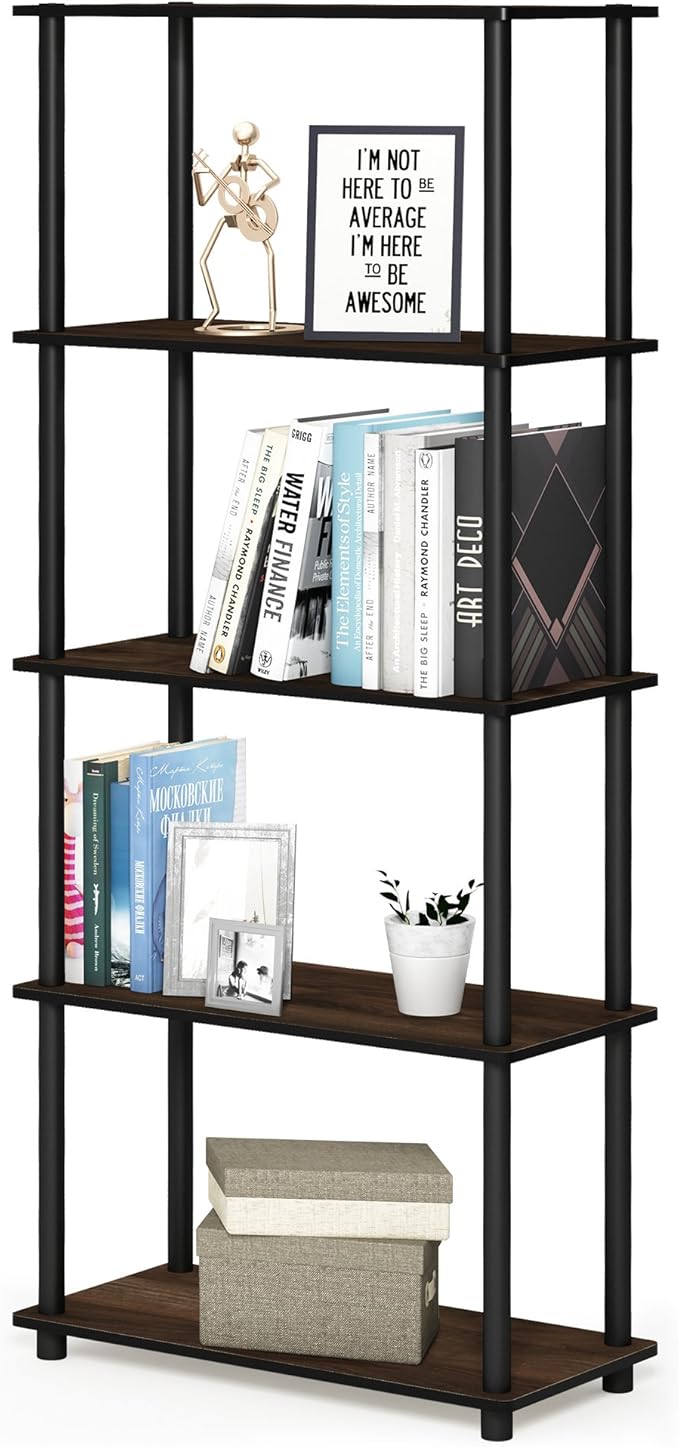 Furinno Turn-N-Tube 5-Tier Multipurpose Shelf / Display Rack / Storage Shelf / Bookshelf, Round Tubes, Columbia Walnut/Black-NeatNest