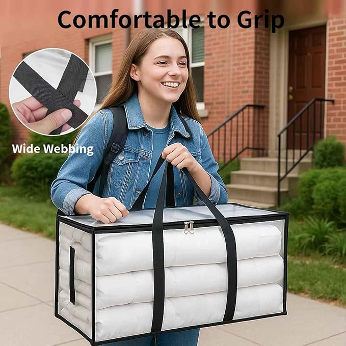 Extra Large Heavy Duty Moving Bags - Waterproof Storage Totes with Reinforced Handles & Zippers, Foldable for College Dorm Essentials, Clothes Storage & Travel (4-Pack Clear)