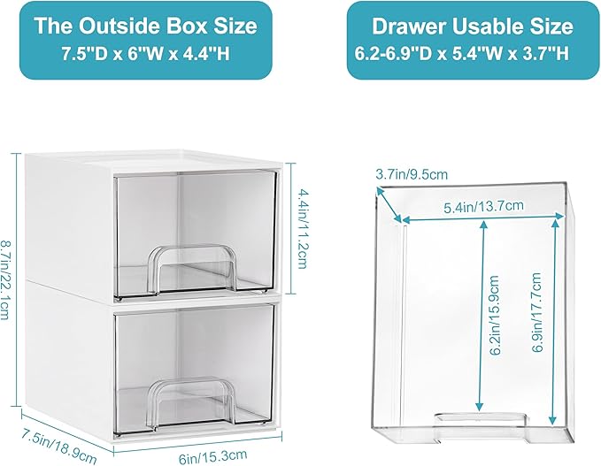 Vtopmart 4Pack Stackable Storage Drawer, 4.4'' Tall Bathroom Makeup Organizer,Plastic Storage Bins For Vanity, Undersink, Kitchen Cabinets, Pantry, Home Organization(White)-NeatNest