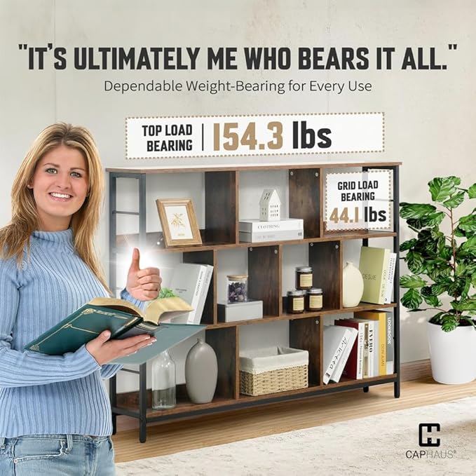 CAPHAUS 10 Cube Storage Organizer, 55” Wide 3 Tier Rustic Oak Industrial Open Shelf Bookcase, Display Shelf, Horizontal Bookshelf with Metal Frame, Wooden Board, for Living Room, Bedroom, Office-NeatNest