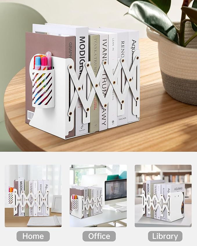 Honagu Adjustable Bookends, Metal Book Ends for Shelves Heavy Book, Desk Magazine File Organizer for Home, Office, Books, Papers, Extends up to 19 inches with Pen Holder (White)