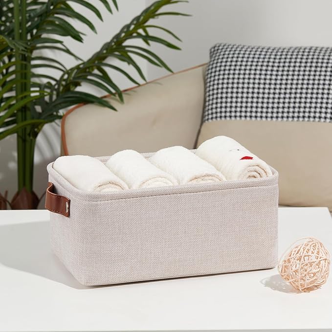 DULLEMELO Small Storage Basket for Shelves, Small Fabric Collapsible Rectangular Storage Bin for Shelves, Closets, Nursery, Home, Office, Empty Gift Basket (Beige)-NeatNest