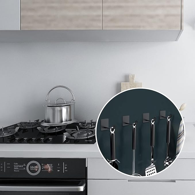 4PCS Adhesive Sticky Wall Hooks Heavy Duty, Long Stainless Steel Towel Hooks for Hanging Kitchen Bathroom Home, Waterproof Hook Wall Hanger Holder for Key Hat Coat Bag (Black)