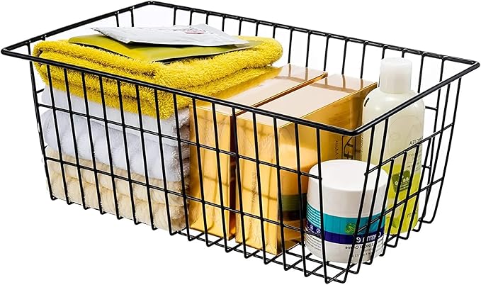 15.2" Metal Wire Baskets for Organizing 6 Pack, Household Pantry Storage Freezer Organizer Bins with Handles, Freezer Baskets for Upright Freezer, Refrigerators, Kitchen Cabinets, Black
