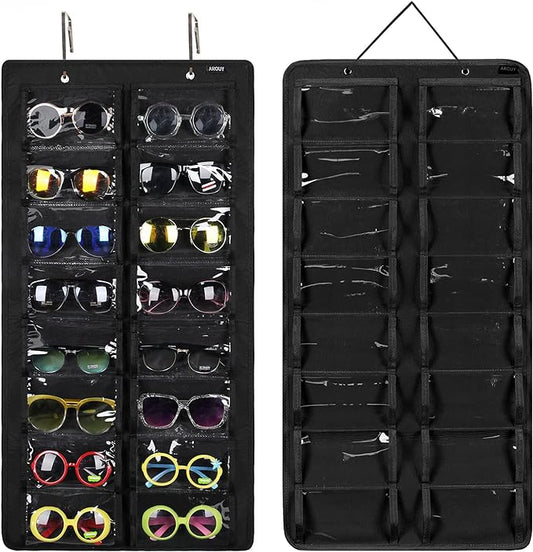 AROUY Sunglasses Organizer Storage, Hanging Dust Proof Wall Pocket Glasses Organizer - 16 Felt Slots Sunglass Organizer Holder with Metal Hook and Sturdy Rope (Black, Dust Proof)-NeatNest