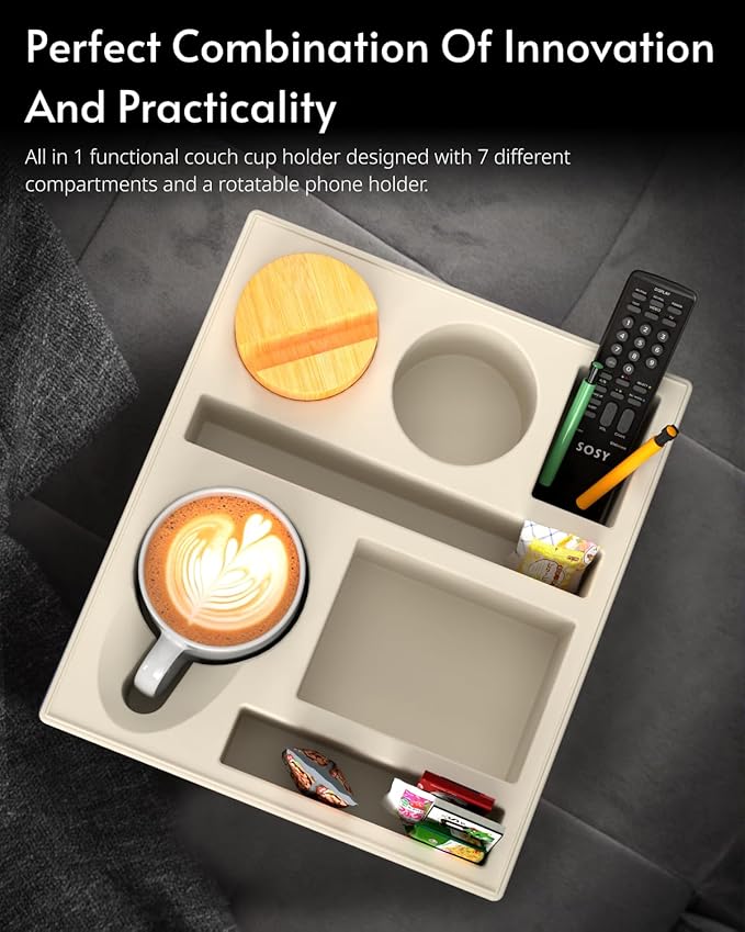 Couch Cup Holder Tray - Couch Organizer Caddy, Silicone Beach Caddy with Cup Holder, Sofa and Bed Drink Holder and Couch Tray Table for Snacks Beverage Remote (Beige)-NeatNest