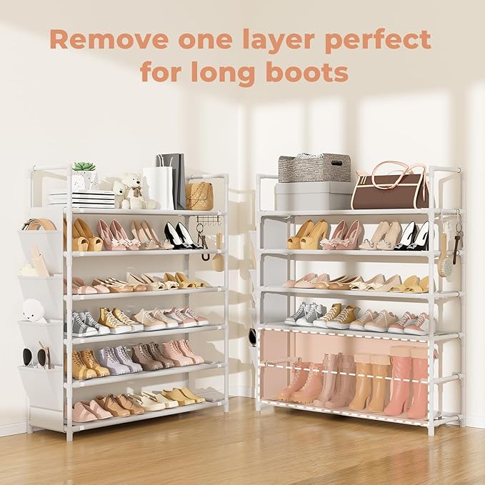 6 Tier Shoe Rack Storage for 24-30 Pairs Shoe and Boot, Shoe Organizer with Hook and Side Pocket Free Standing Long Shoe Shelf Tall Shoe Rack Organizer for Closet, Entryway, Dorm, White-NeatNest