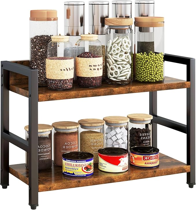 IBUYKE 2-Tier Spice Rack Industrial Counter Shelf Desktop Storage Organizer Standing Seasoning Rack for Countertop Kitchen Office Living Room Desktop Rustic Brown UTLJ002H-NeatNest