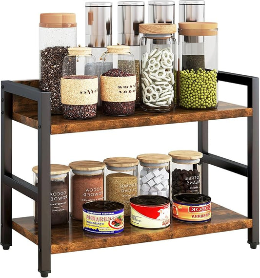 IBUYKE 2-Tier Spice Rack Industrial Counter Shelf Desktop Storage Organizer Standing Seasoning Rack for Countertop Kitchen Office Living Room Desktop Rustic Brown UTLJ002H-NeatNest