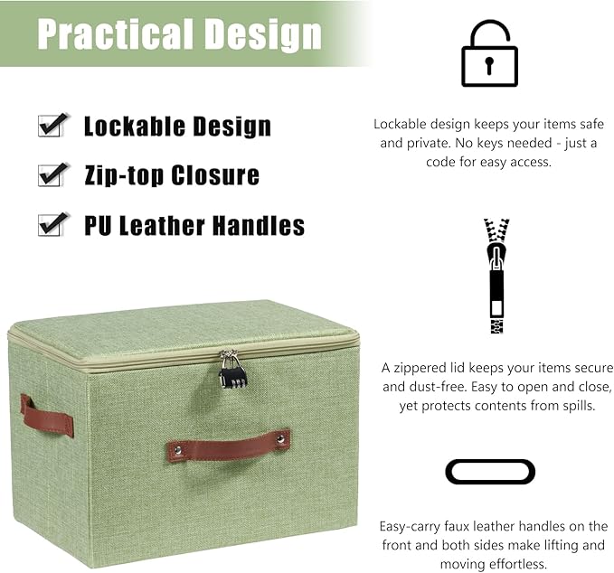2PCS Storage Bins Box with Zipper Lid Combination Lock PU Leather Handles Cotton Linen Fabric Lidded Lockable Basket Foldable Washable Closet Shelf Organizer Container (Light Green, Large)