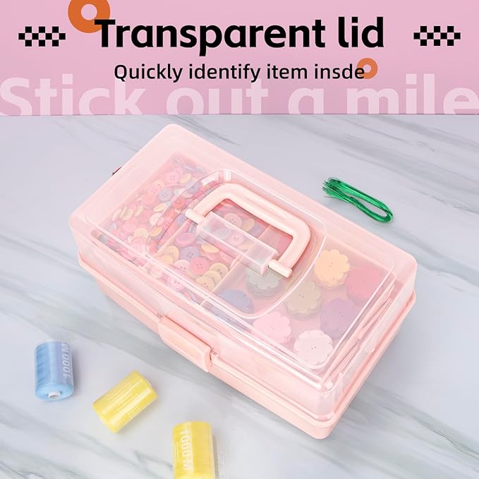 12.5in 3-Layer Multipurpose Craft Organizers and Storage with Adjustable Dividers, Portable Tackle Box, Folding Art & Craft Case for Medicine, Tool, Sewing Organizer (Pink)