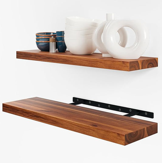 BATODA Set of 2 24" Acacia Wood Floating Shelves Wall Mounted – Rustic Farmhouse Wooden Wall Storage Shelf for Bedroom, Kitchen, Home Décor - Brackets and Shelving Hardware Included-NeatNest