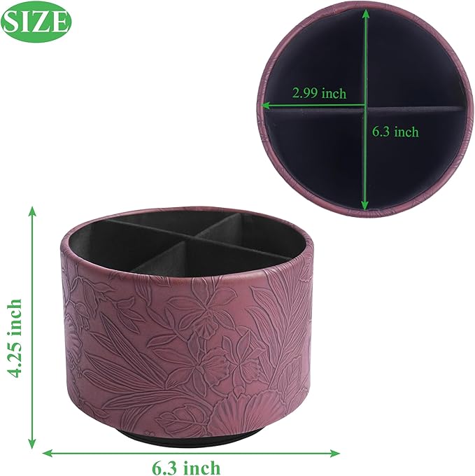 Hennaja Round Leather Art Supply Organizer,Remote Control Holder,360 Degree Spinning,Multi-Functional Pencil Holder,4 Compartments Desktop Stationary Organizer(1-Carved Dark Brown)-NeatNest