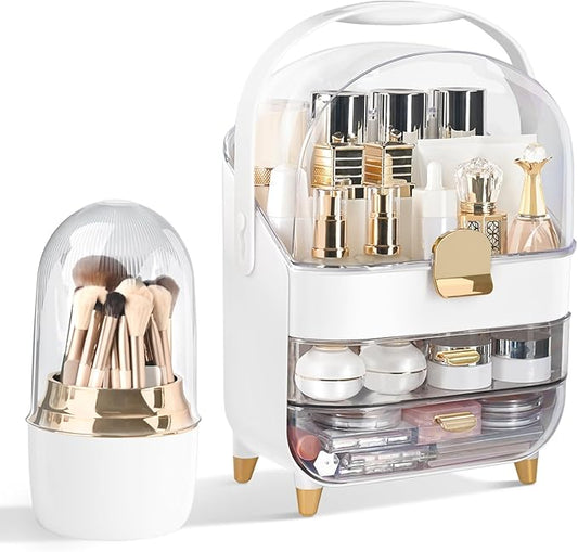 Brothersbox Makeup Organizer Countertop, Skincare Organizers with Clear Lid & 2 Drawers and Brush Holder, Make up Organizers for Vanity, Cosmetic Organizer for Bathroom Counter Dresser (White)