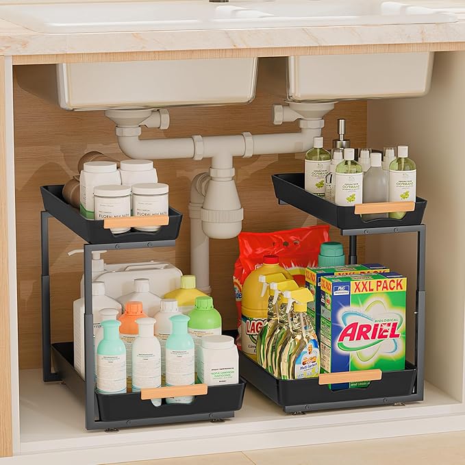 2 Pack Under Sink Organizer Pull 0ut, 3 Height Adjustable Under Kitchen Sink 0rganizer and Storage Black, 2 Tier Double Sliding Drawer Cabinet Organizer for Kitchen Bathroom Pantry-NeatNest