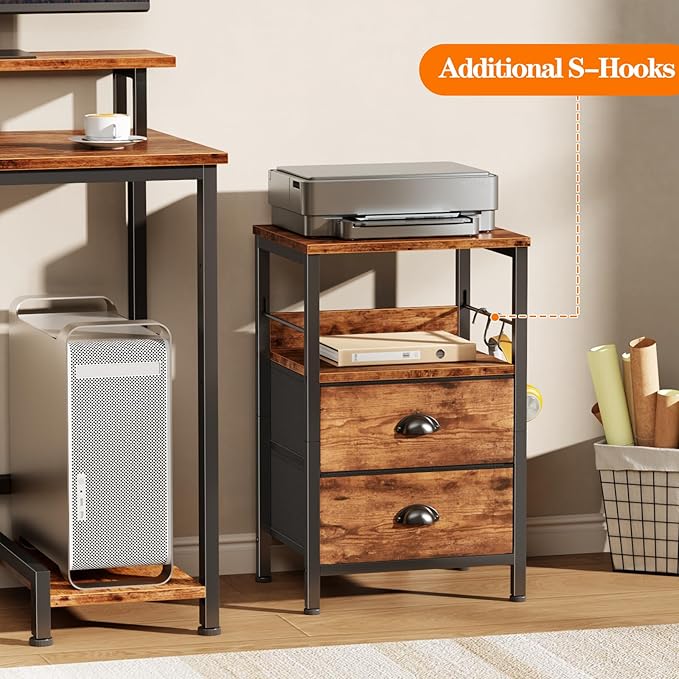 Furologee Nightstand with 2 Fabric Drawers, Night Stand with 2-Tier Shelf, Bedside Table with Hooks,Open Wooden Shelf, End Table for Bedroom, Living Room, Backboard Design, Metal Frame, Rustic Brown
