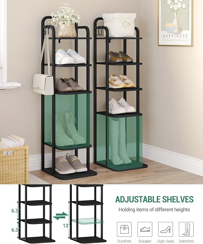 Vertical Shoe Rack, Shoe Shelves, Wood Shoe Organizer for Closet, Entryway, Shoe Tower for Small Spaces, Free Standing, Adjustable, with 2 Hooks, 6 Tier Black SR04204B-NeatNest
