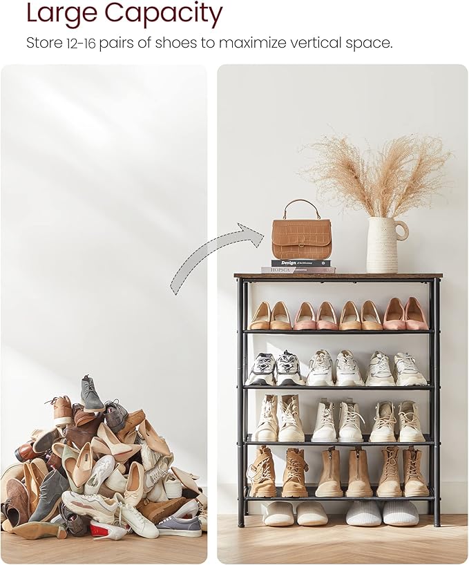 VASAGLE Shoe Rack, 5-Tier Shoe Storage Organizer for Entryway and Closet, Holds 12-16 Pairs of Shoes, 4 Fabric Shelves, Steel Frame, Industrial, Rustic Brown and Black ULBS036B01-NeatNest