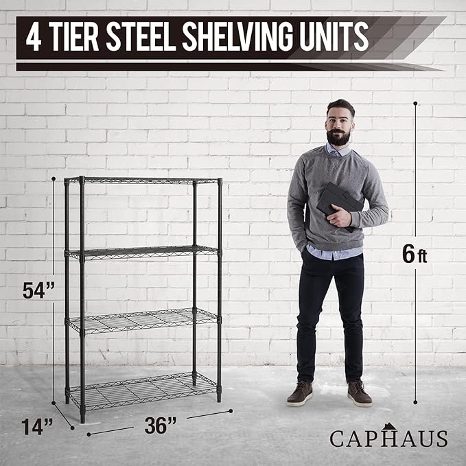 CAPHAUS 4-Tier Adjustable Height Wire Shelving Unit, Wire Rack Shelving, Metal Steel Storage Shelves, Garage Shelving Storage Organizer, Utility Storage Shelf, Without Wheels, Black-NeatNest
