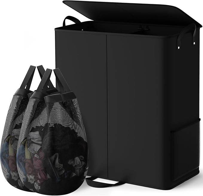 Large Double Laundry Hamper with Lid, Removable Bags & Reinforced Handles, 2 Section Tall Laundry Basket, Dirty Clothes Hampers for Laundry Room, Bedroom, Bathroom, Dorm, 155L, Black-NeatNest