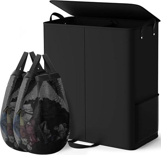 Large Double Laundry Hamper with Lid, Removable Bags & Reinforced Handles, 2 Section Tall Laundry Basket, Dirty Clothes Hampers for Laundry Room, Bedroom, Bathroom, Dorm, 155L, Black-NeatNest