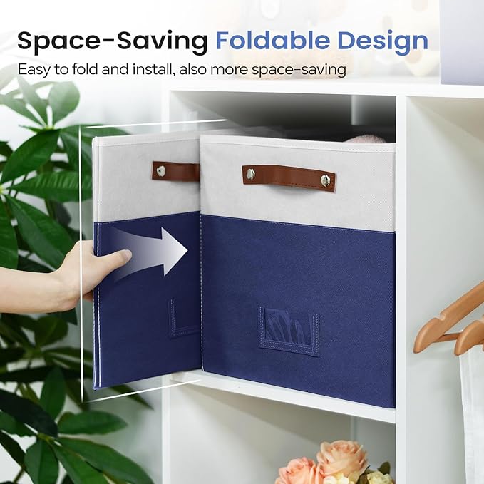 6-Pack Collapsible Fabric Storage Cubes with Handles & Label Holders, Closet Cube Home Organizer Bins (White/Navy Blue, 13 x 13 x 13 inch)