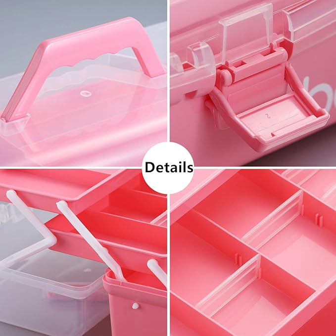 12'' Three-Layer Clear Plastic Storage Box with Handle, Craft Tool Box, 3 Layer Pink Tackle Box for Women, Organizer Box for Sewing Art and Cosmetic (Pink)