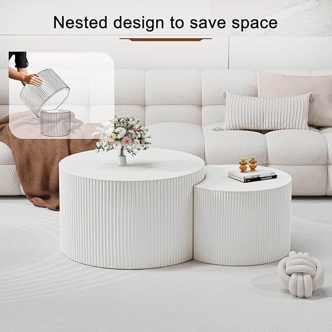 Round Wood Coffee Table Set of 2 Modern Circle Nesting Coffee Table Handcrafted Drum Nesting Table Nesting Coffee Tables for Living Room for Small Space (Cream (D18.9+D14.8 inch))