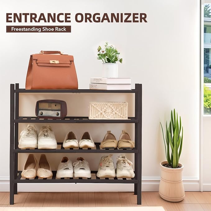 4 Tier Bamboo Shoe Rack Storage Organizer for Closet, Multifunctional Stackable Free Standing Shoe Shelf Organizer for Small Space,Entryway, Hallway, Bathroom27 x11 x26 (Brown, 4 Tier)-NeatNest