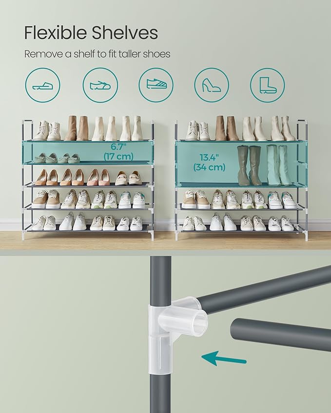 SONGMICS 5-Tier Shoe Rack, Shoe Storage for Hallway Closet, Slim and Space-Saving, Metal Frame, Non-Woven Fabric Shelves, Grey ULSH055G01V1-NeatNest