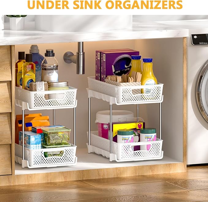 2 Pack Pull Out Bathroom Organizers and Storage, 2 Tier Stackable Under Sink Storage Organizer for Bathroom, Kitchen Cabinet, Pantry, and Medicine Holder, Organization and Storage - White-NeatNest