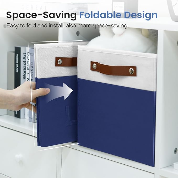 6-Pack Collapsible Fabric Storage Cubes with Handles & Label Holders, Closet Cube Home Organizer Bins (White/Navy Blue, 10.5 * 10.5 * 11 inch)