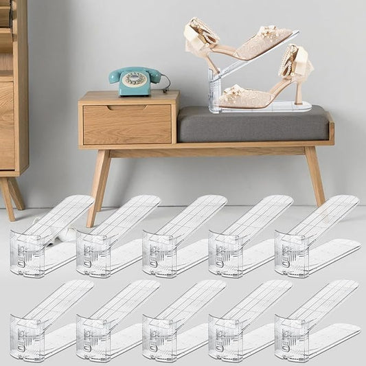 Adjustable Shoe Slots Organizer,10PACK Transparent Shoe Stackers Shoe Rack Holder Shoe Space Savers Double Layer Stack Shoe Racks for Closet Organization(Transparent)-NeatNest