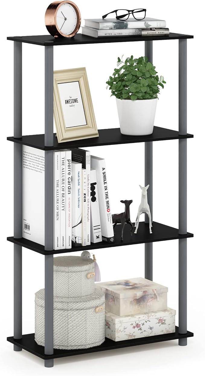 Furinno (99557BK/GY) Turn-N-Tube 4-Tier Multipurpose Shelf Display Rack - Black/Grey-NeatNest