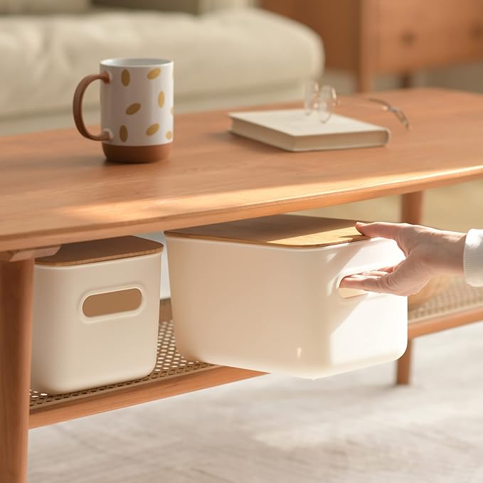 Citylife 2 Packs Plastic Storage Bins with Bamboo lids Stackable Storage Containers for Organizing, Bundled with Labels and Marker 10.24 x 7.01 x 6.1 inch-NeatNest