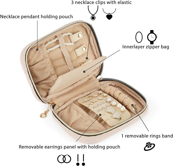 BAGSMART Travel Jewelry Organizer Case Small Jewelry Roll for Journey-Rings, Necklaces, Earrings, Bracelets, Soft Pink-NeatNest