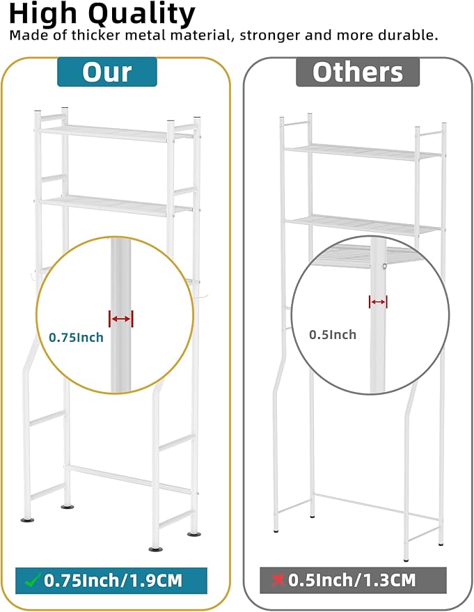 3-Tier Over The Toilet Storage, Freestanding Metal Bathroom Shelves with 4 Hooks, Over Toilet Storage Shelf with Paper Holder, Above The Toilet Shelf for Bathroom Storage, White-NeatNest