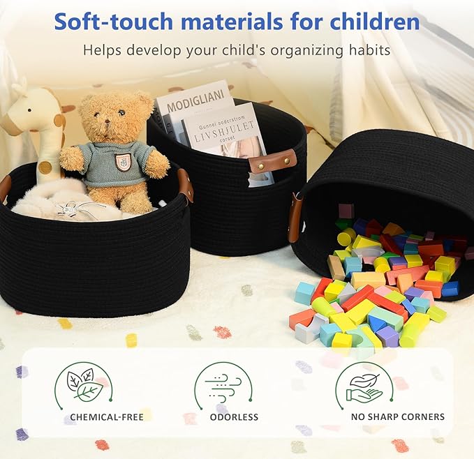 Cotton Rope Basket, Storage Baskets with Handle, 15x10x9 Inch Woven Basket for Shelves, Laundry, Towels, Clothes, Books, Toys (Black 2Pack)-NeatNest