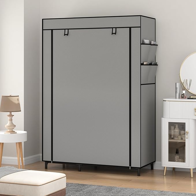 Calmootey Portable Closet Organizers, Clothing Storage, Wardrobe with 6 Shelves and Hanging Rod, Non-Woven Fabric Cover with 4 Side Pockets, Grey-NeatNest