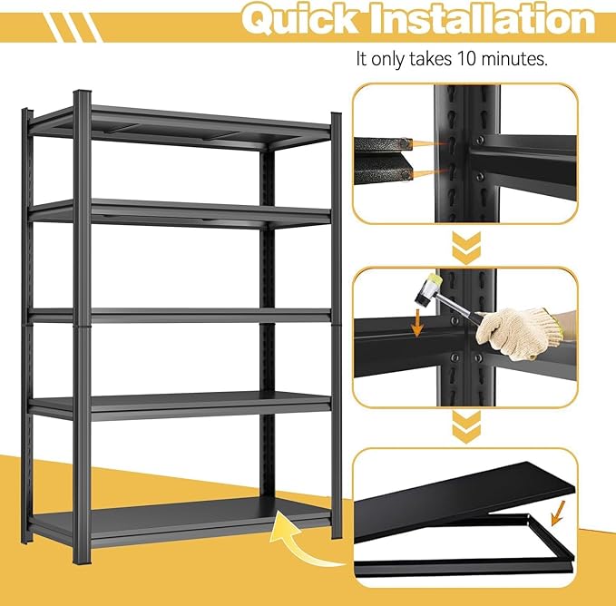 5 Tier Black Storage Shelves Metal Shelving Unit Kitchen Storage Utility Shelf Renter Shelves Estantes para Cocina Shelf Organizer for Bedroom Garage Basement Pantry Commercial Warehouse Industrial