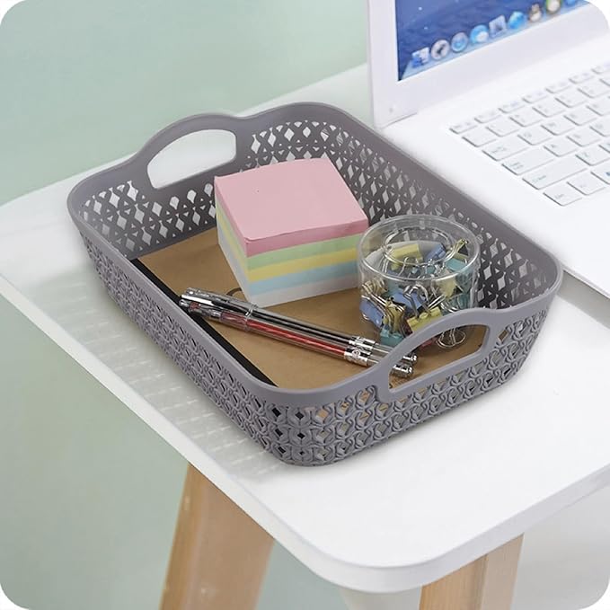 Kekow Small Plastic Storage Basket Tray with Handle, 6-Pack, Gray-NeatNest