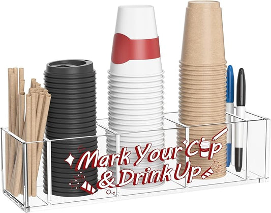 Cup Holder with Marker Slot - Mark Your Cup and Drink Up Countertop Disposable Plastic Cup Organizer Dispenser for Wedding Kitchen Bar Caddy Party Decor Hostess Gifts for Women, Clear Acrylic