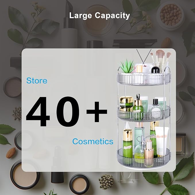 360 Rotating Makeup Organizer, 3 Tier Lazy Susan Bathroom Organizer, Easy to Install, Ideal Storage for Perfume, Skincare, Cosmetic, Dresser or Vanity Countertop (Classic Grey, 3 Tier)-NeatNest