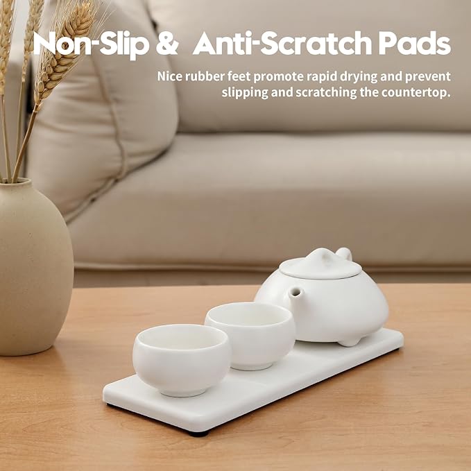 2PCS Bathroom Sink Trays, Water Absorbing Diatomite Stone Quick Drying Mat for Kitchen Counter, Dish Rack Soap Dispenser Sponge Holder Caddy Vanity Organizer, White, 9"x3.5"-NeatNest