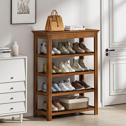 Bamworld Shoe Rack 5 Tier Wooden Storage Benches Wood Free Standing Shoe Shelf for Entryway Hallway (Brown,31.5")-NeatNest