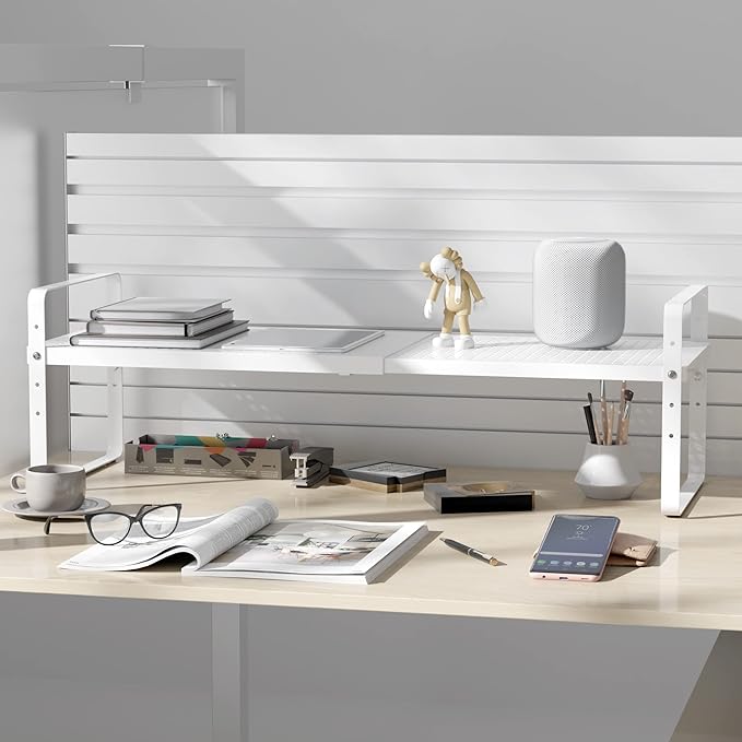Expandable Cabinet Shelf Organizer Adjustable Metal Spice Rack Stackable Freestanding Counter Storage Shelves for Kitchen Cabinet Under Sink Office Desk (White - 1Pack - L16.5-27'' * W10.2'' * H9.6'')-NeatNest