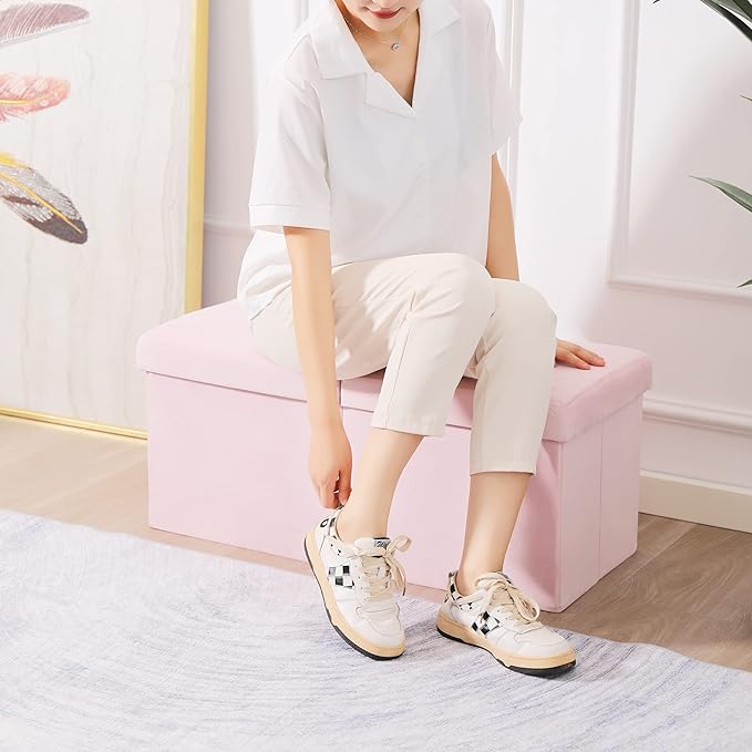 CUYOCA Storage Ottoman Bench Foldable Seat Footrest Shoe Bench End of Bed Storage with Flipping Lid, 75L Storage Space, 30 inches Velvet Pink-NeatNest