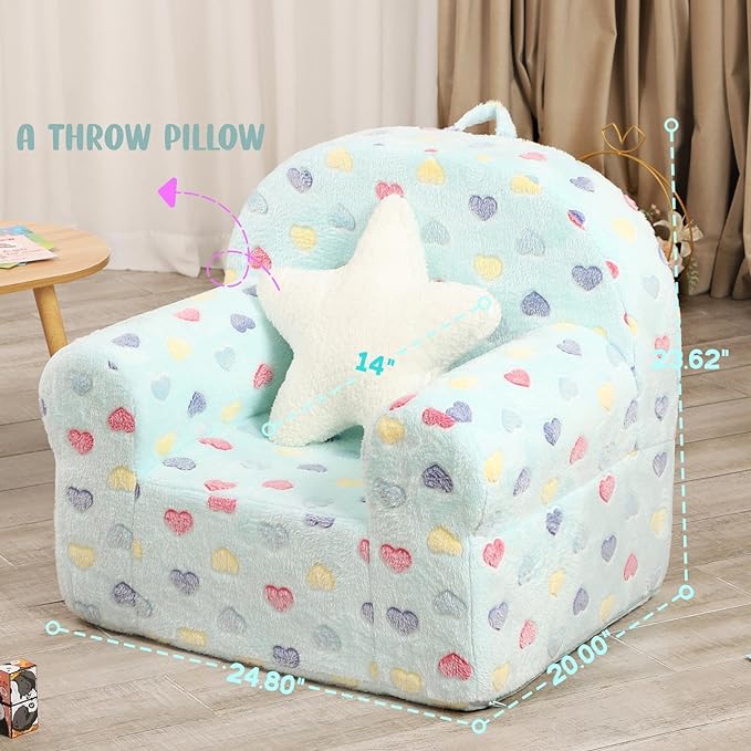 Colorful Heart Kids Sofa with Star Throw Pillow, High Back Toddler Chair Glow in The Dark for Boys and Girls, Lake Blue-NeatNest