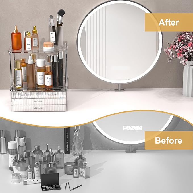 Acina 2-Tier Bathroom Organizer Countertop: Multi-Purpose Makeup Organizer - Large Skincare Exquisite Vanity Organizer for Cosmetics, Perfume Amber Clear-NeatNest